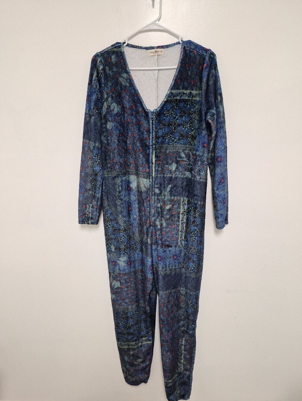 Natural Life Fuzzy Cozy Fleece Leaf Patchwork Onesie Jumpsuit sz XS - Picture 1 of 7